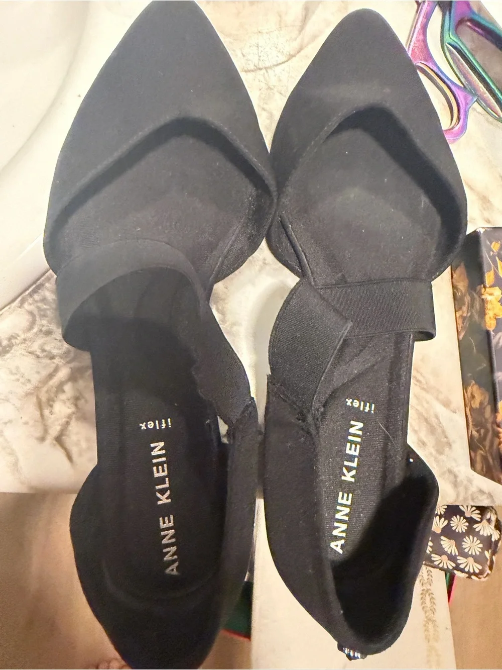 Anne Klein Black Pointed D'Orsay Flats with Elastic Strap
